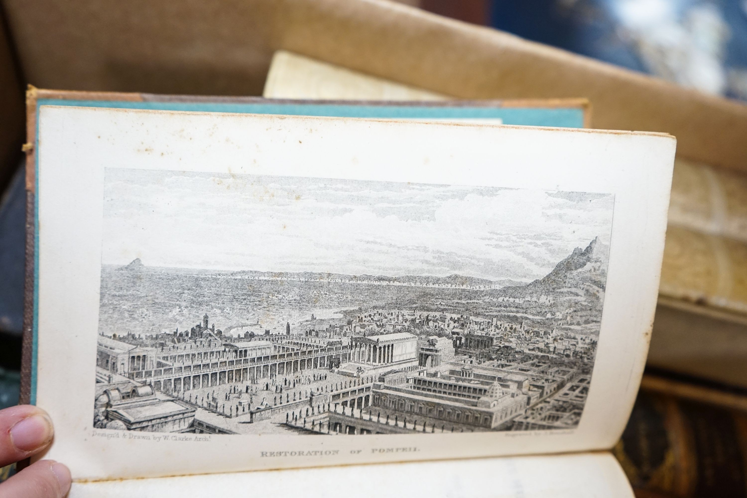 A collection of leather bound books, including The Truth of The Scripture 1796 to follow The Whole Duty of Man 1808 and Pompeii-Dyer 1875